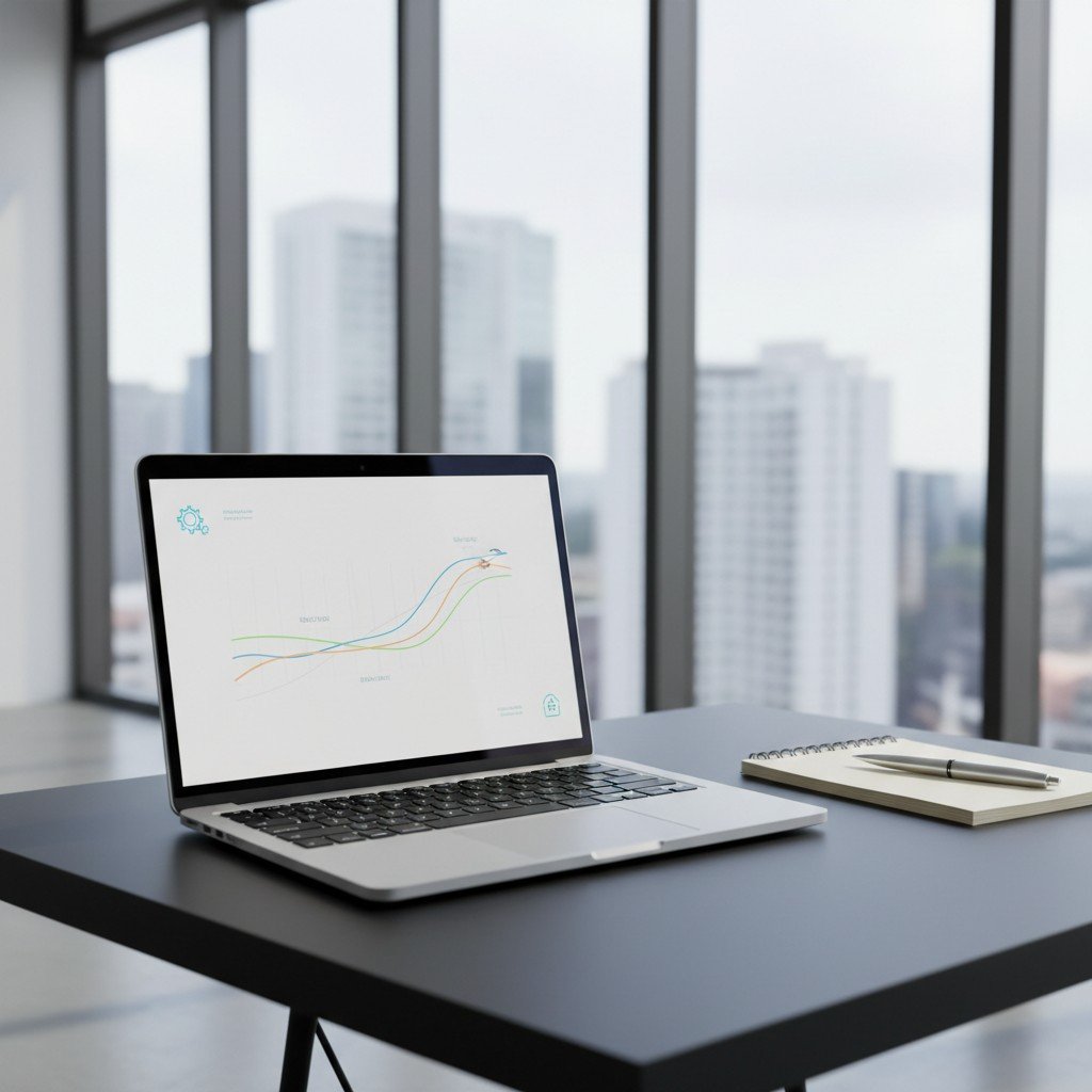 A laptop with a graph open on its screen sits on a table in an office or workspace setting, in front of a city skyline vie...