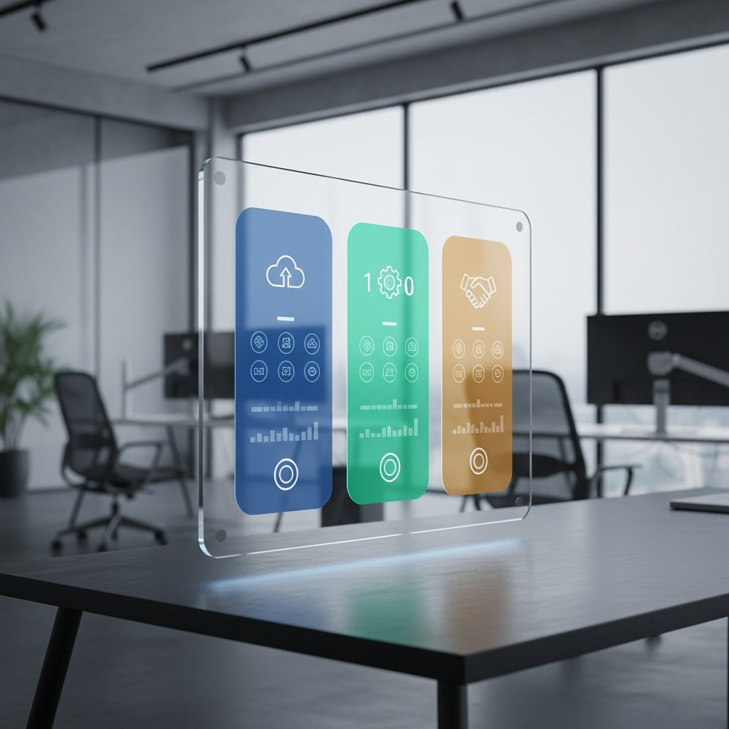 Transparent glass screen on desk in an office setting, displaying blue, teal, and orange icons.